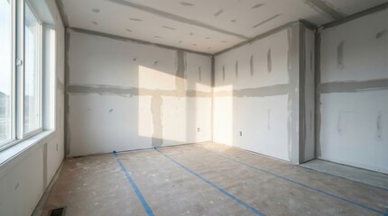 Sunlit unfinished room with drywall and concrete floor undergoing renovation in residential home