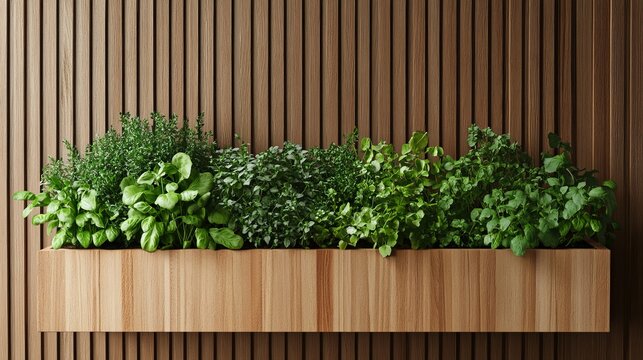 A wooden planter box filled with lush greenery against a brown wooden slat wall