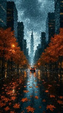 Empty city street in autumn with orange leaves on trees and wet ground reflecting a tall skyscraper under a dark cloudy sky in a moody metropolitan area, made of cubes
