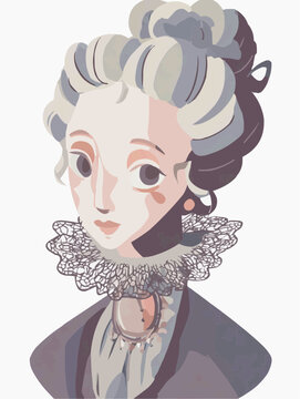 A flat vector illustration of a romantic Rococo cartoon woman. This portrait features an elegant lady with a powdered wig, lace collar, locket on a white background.