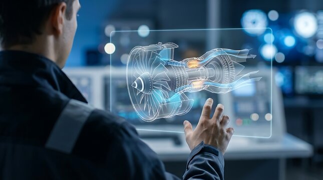 Engineer Interacting with Holographic Jet Engine 3D Model in a High-Tech Research Lab