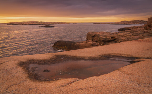 Tidal Pool on Granite Coast at Sunset in Sm&ouml;gen