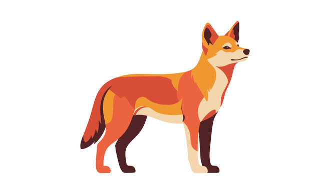 Illustration of a standing dingo with sharp ears and alert posture, showcasing its vibrant fur tones and sleek physique, in a simple graphic style, from a side viewpoint.