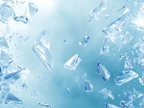 Clear ice shards exploding against bright blue abstract background with subtle sparkles