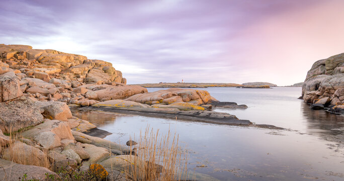 Golden Sunset Over Granite Boulders in Sm&ouml;gen Sweden
