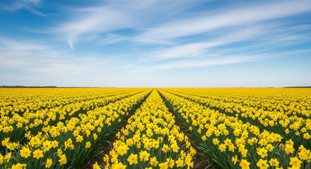 Wide spring view of blooming yellow daffodil rows across a farm field, leading to a distant horizon under blue sky with light clouds, perfect for seasonal nature backgrounds and copy space © Ольга Клецкова