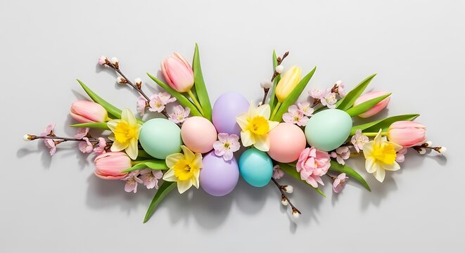 Beautiful easter eggs surrounded by flowers in pastel colors vector illustration