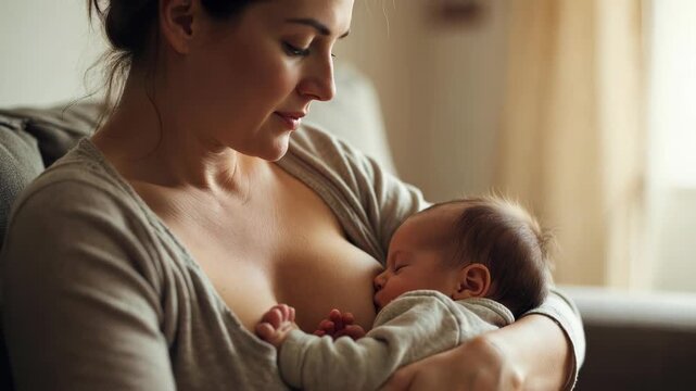 Beautiful and intimate moment of mother breastfeeding her newborn baby with love