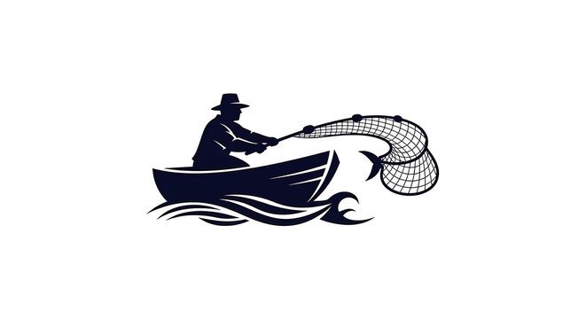 Fisherman Casting Net from Small Boat.
