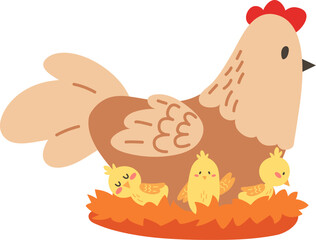 Fototapeta premium Happy hen with chicks. Color mother bird with cute children