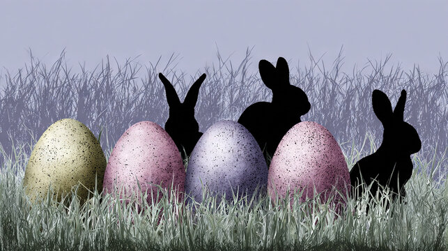 Silhouette rabbits peeking over colorful Easter eggs in grass