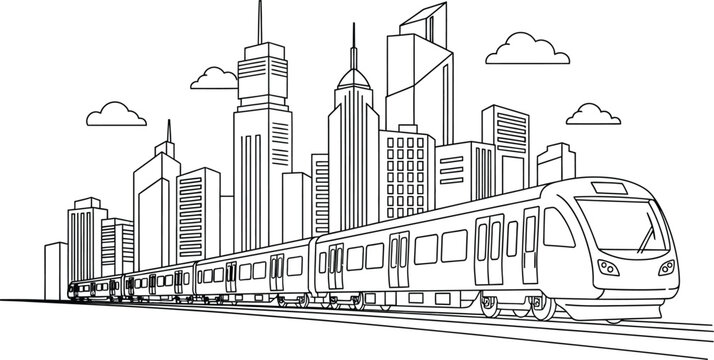Black and white line drawing depicting a cityscape with a train traveling through on transparent background silhouette high quality professional detailed
