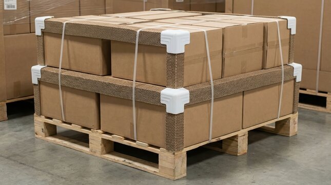 Stacked cardboard boxes on wooden pallet in industrial warehouse with protective straps and corner guards