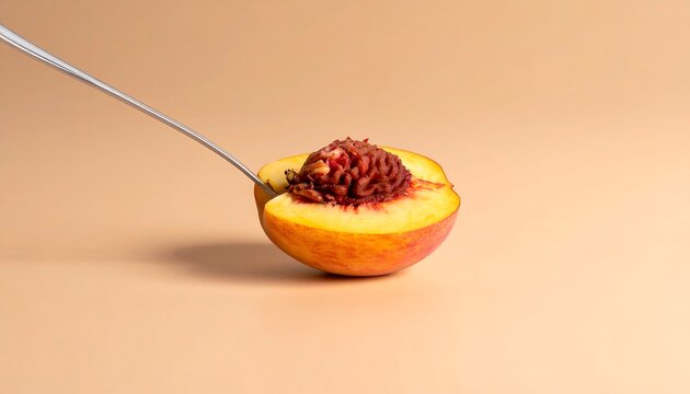 Halved peach with a spoon, against beige background. Showcases fruit pulp and the pit