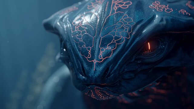 A CGI aquatic alien underwater setting smooth realistic movements bioluminescent, alien body fractal patterns eye slot slowly opens reveal a dark red eye watching eerie oceanic textures. beautiful