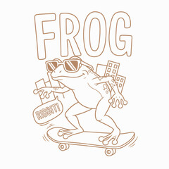 Fototapeta premium Cool frog wearing sunglasses riding a skateboard with city buildings in the background.