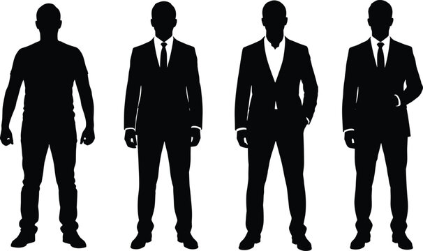 Black silhouette of four men standing in casual tshirt and professional formal business suits isolated on white background for corporate identity