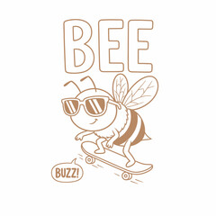 Obraz premium Cute cartoon bee wearing sunglasses skateboarding and saying buzz.