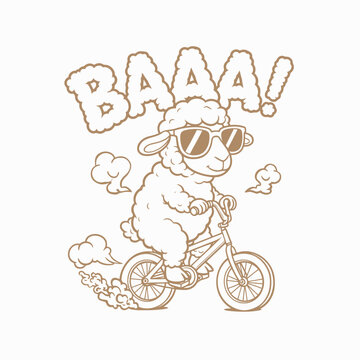 Cool sheep riding a bicycle with sunglasses and baaa text.