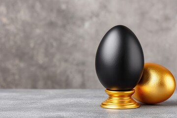 Matte black egg on ornate gold pedestal beside reflective gold egg, both on textured gray surface, blurred concrete backdrop. Minimalist still life, soft lighting highlights metallic sheen and smooth
