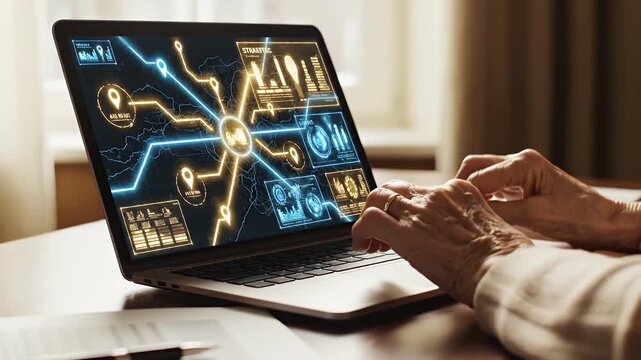 Hands interact with a laptop displaying a glowing network map with location pins