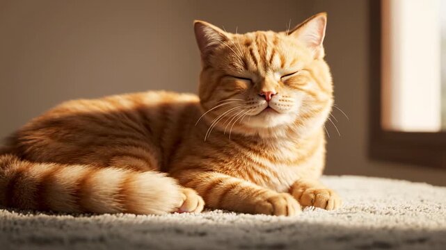Orange Tabby Cat Relaxing in Warm Sunlight on Carpet