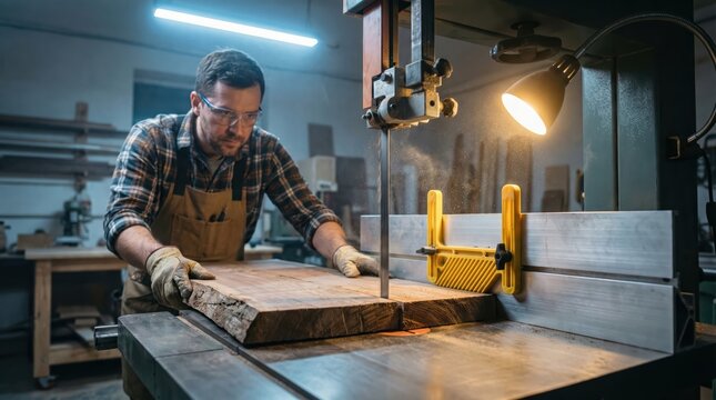 Caucasian male carpenter working in woodshop using bandsaw for cutting large wooden plank under warm lighting wearing safety gear and protective gloves