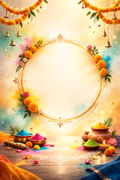 Ornate festive background with marigold flowers bells and bowls of powder pigment for celebrating indian festivals like holi and dol purnima plus the rang panchami