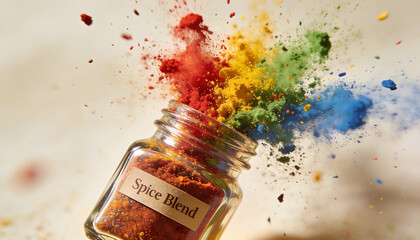 Colorful spice blend exploding from a glass jar creating a vibrant and dynamic abstract powder burst effect