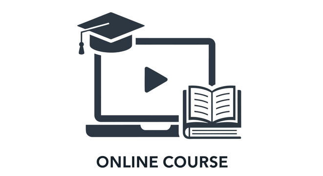 Online learning icon featuring a graduation cap laptop book and play button