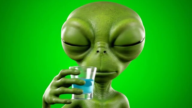 Green alien drinking blue liquid from a shot glass on a green background