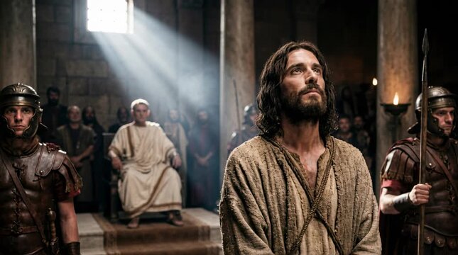 Jesus Standing Bound Before Pontius Pilate in a Grand Roman Hall with Soldiers Guarding Him