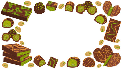 Decorative frame of trendy Dubai chocolate bars and pralines with pistachio Knafeh filling. Vibrant flat style illustration with whole nuts, candy hearts, and truffles on a clean white background.