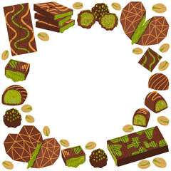 Square border of Dubai chocolate with pistachio and kataifi filling. Flat  style frame featuring bars, heart-shaped pralines, and truffles. Trendy gourmet sweets isolated on a white background.