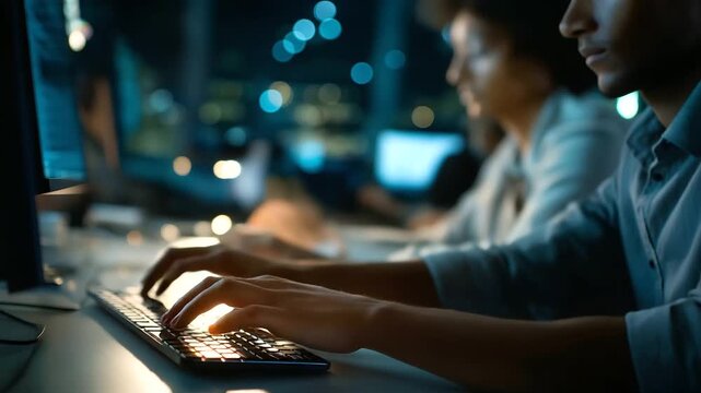 Faceless software engineer team working late in development office heavily defocused background anonymous programmer group with problem solving algorithm assistance for work