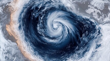 Fototapeta premium A satellite image of a massive hurricane swirling over the ocean with stormy clouds and turbulent waters.