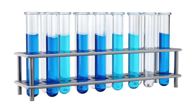Laboratory test tubes filled with blue liquid in metal rack isolated for science research.

