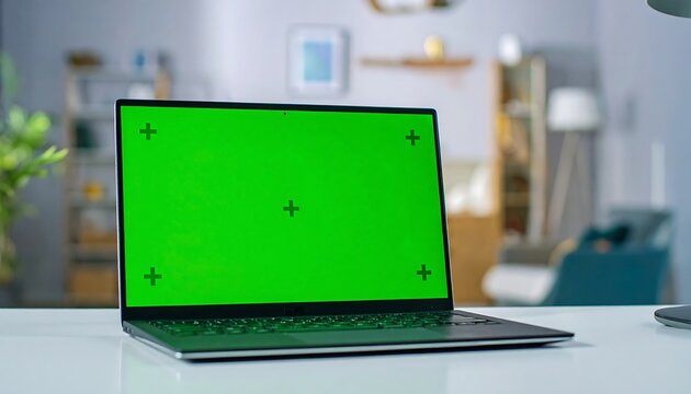 Laptop with a green screen display sits on a clean white surface, interior background slightly blurred