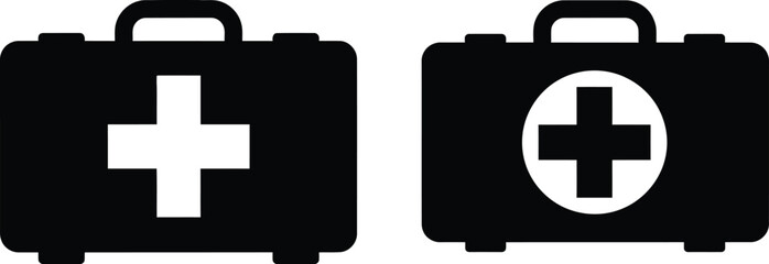 Obraz premium Two medical doctor bags one with a plus sign and another with a cross presented as a black silhouette on transparent background