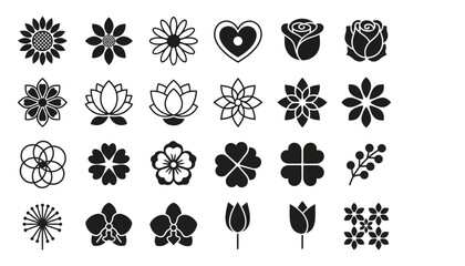 Fototapeta premium Elegant floral icon set vector collection, black and white flower designs, decorative botanical patterns, minimalist blossoms, ornamental petals, modern outline silhouettes, creative nature illustrati