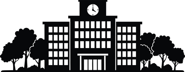 Black silhouette of a classic school building with a clock tower and surrounding trees on transparent background high quality professional detailed