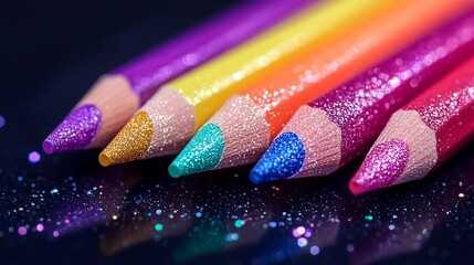 Obraz premium A close-up view of colorful glitter pencils on a dark surface with sparkles