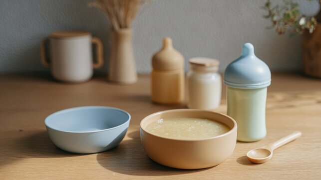 Baby feeding essentials on wooden table featuring bowls and bottles