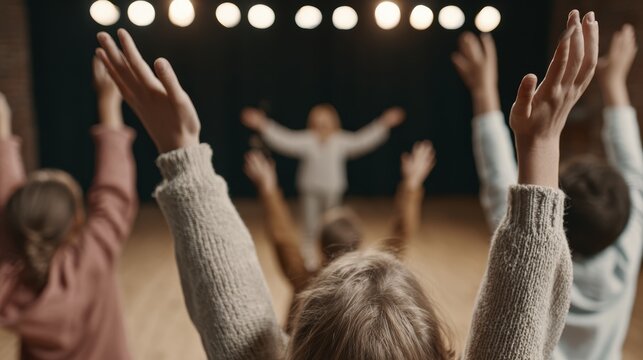 Children enthusiastically raise hands in theater class rehearsal