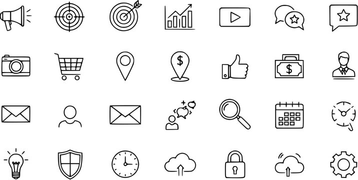 Collection of business and finance icons, social media, and general icons for web design