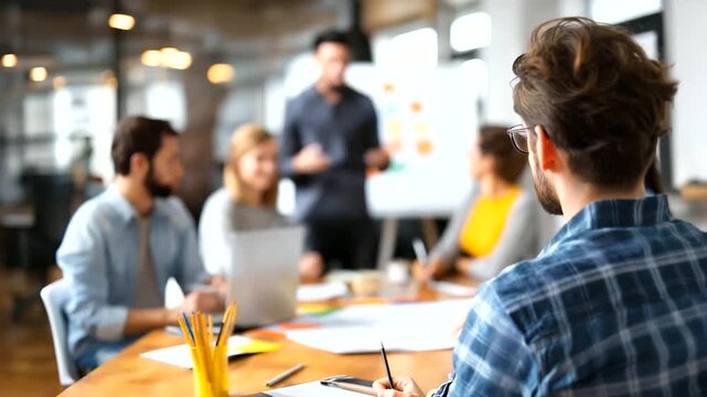 Faceless group of young creative business brainstorm meeting heavily defocused office background anonymous team discussing roadmap to product launch planning strategy business