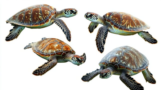 Four colorful sea turtles swimming in different directions on a white background