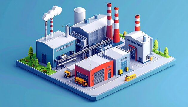 Isometric view of a colorful, blocky industrial factory scene, on a platform against a blue background
