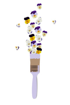 A floral arrangement of violets and a brush. The brush paints the flowers on a white background. Isolated design