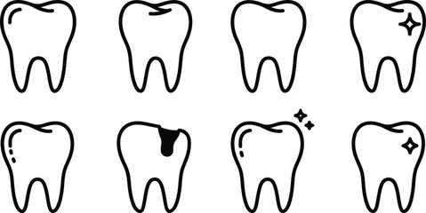 A set of six stylized teeth icons in black outline showcasing various states on transparent background silhouette high quality professional detailed